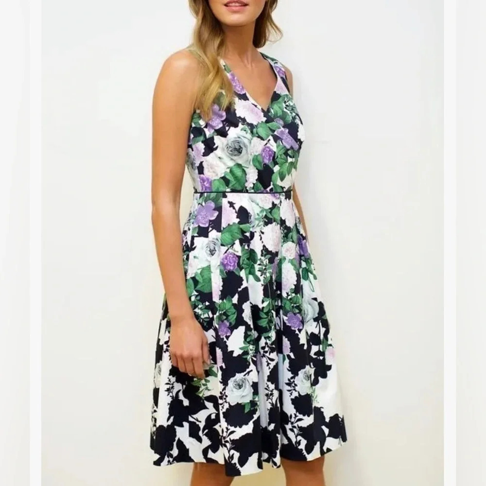 Talbots spring purple green hydrangea floral Midi spring wedding guest dress